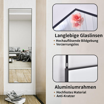 Koonmi full-body mirror, 41x127cm wall mirror with 2 adjustable hanging hooks, hanging mirror with aluminum alloy frame for wardrobe and bedroom, black