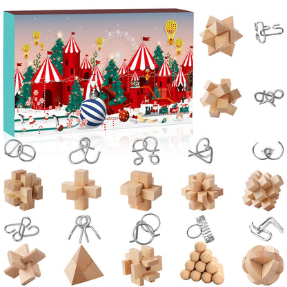 Advent Calendar 2024 Puzzle, 24 Day Christmas Countdown Calendar Puzzle with Metal Brain Teaser for Kids and Adults Challenge (Wooden)