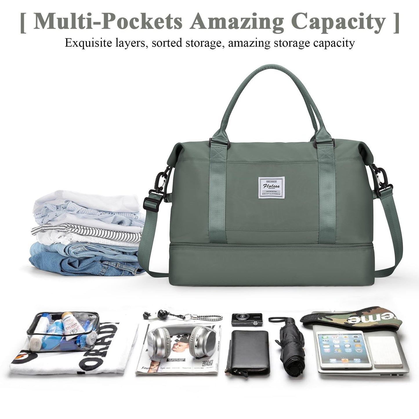 Women's Travel Bag Easyjet Hand Luggage Bag Sports Bag Weekender Bag Waterproof Swim Bag Travel Bag Duffle Bag Fitness Bag Training Bag Hospital Bag with Shoe Compartment, A2-Green