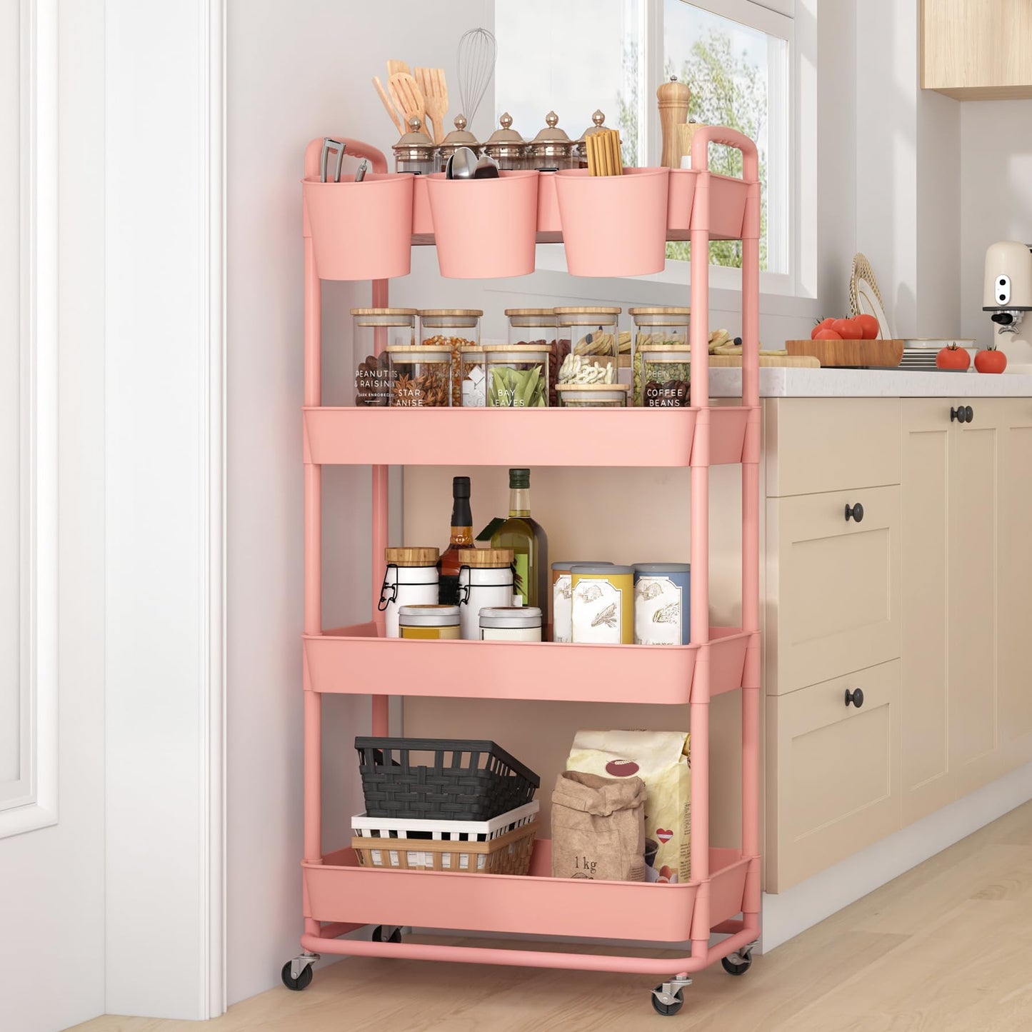 JIUYOTREE 4-tier plastic rolling cart with additional hanging handles, locking wheels for living room, bathroom, kitchen, office, Pink.