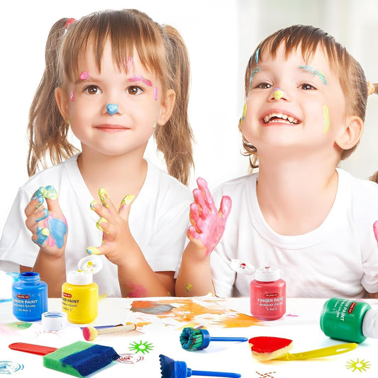 Shuttle Art 53-piece finger paint kids non-toxic craft set with 14 colors (60ml each) finger paints for kids, brushes, finger paint coloring book, sponge, sponge spatula, palette, painting set for kids.