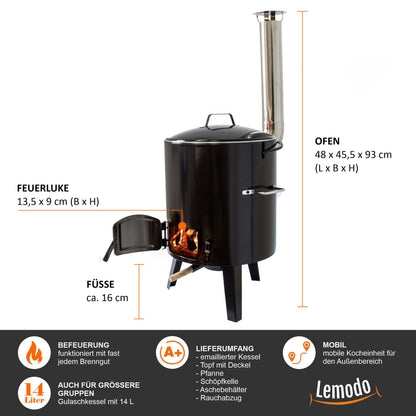 NATIVE Goulash cannon | Goulash kettle with 14 L | One-pot stove for cooking without electricity and gas | Rocket stove for crisis preparedness | Wood stove with extensive cooking accessories