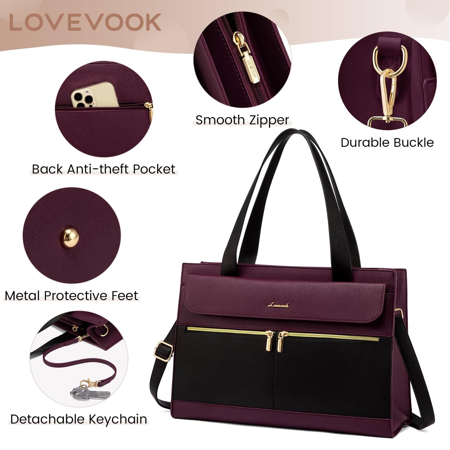 LOVEVOOK Laptop Bag for Women 15.6 Inch, Elegant Handbag Work Bag Large Shopper Business Bag Briefcase Teacher Bag, PU Leather Tote Bag School Bag Notebook Bag for Office College, Purple