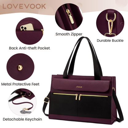 LOVEVOOK Laptop Bag for Women 15.6 Inch, Elegant Handbag Work Bag Large Shopper Business Bag Briefcase Teacher Bag, PU Leather Tote Bag School Bag Notebook Bag for Office College, Purple