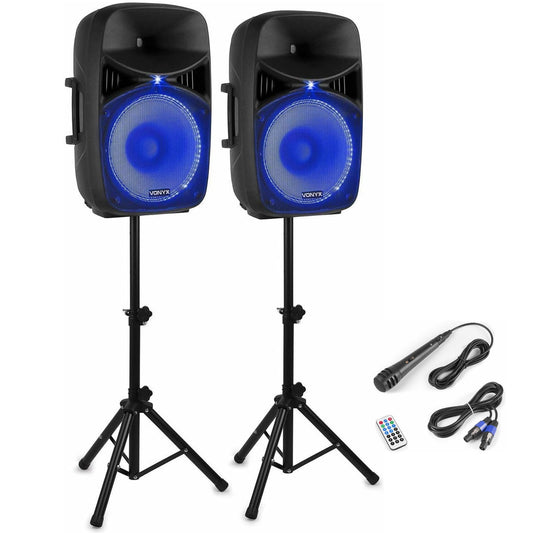 Vonyx VPS122A PA speaker set with stand and microphone, 1000 watts 12-inch LED active boxes, party box Bluetooth with tripods, USB, SD, MP3, PA system complete set, DJ speakers, tripod speaker set