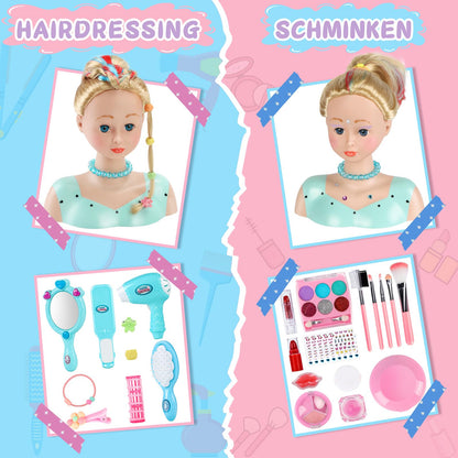 BuzzoXerex Styling Head Kid Set, 58 Piece Makeup Head for Girls Washable, Doll Head for Styling Kids with Hair Accessories and Cosmetics Birthday Christmas Gifts for 3 and up (Blue)