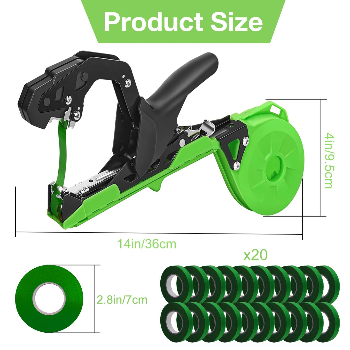 Plant tying machine tape tool with 1 box of staples and 20 rolls for tomatoes, vines, fruit, grapes.