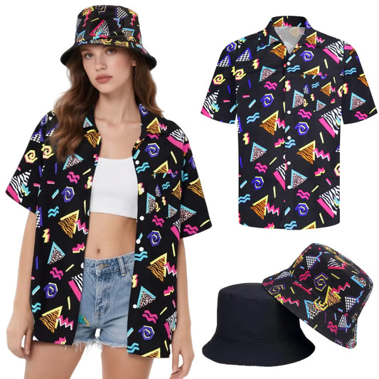 Hippie tops women Hawaii outfit blouse costume set Flower Power 80s shirt women 90s vintage shirt 70s clothing casual retro tops carnival costume (80s-Black, XL)