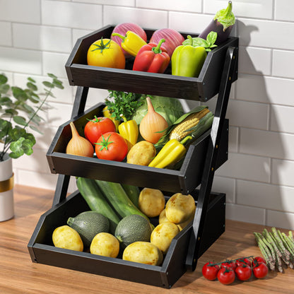 G.a HOMEFAVOR Bamboo Fruit Basket 3 Tier Removable Fruit Stand Storage Holder for Vegetables Snacks Bread Kitchen, Black