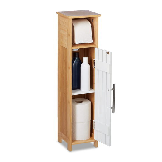 Relaxdays standing toilet paper holder, bathroom rack HWD: 71x18x20 cm, MDF & bamboo, toilet paper cabinet, brown/white