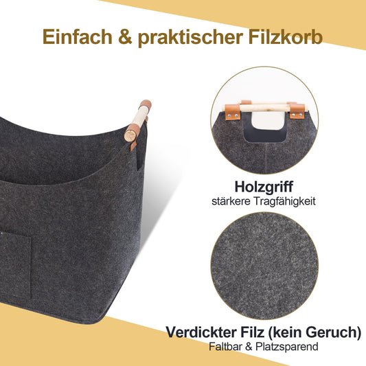 LARGE FINEW wooden basket for firewood, XXL firewood basket with gloves, Foldable felt bags made of felt, Large felt baskets for firewood storage, newspapers, wood, toys.