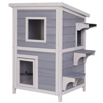 lionto outdoor cat house for playing and resting, wooden house for cats with weatherproof bitumen roof, 56x52x82 cm, window and 3 entrances, sturdy cat hut with assembly instructions, grey/white
