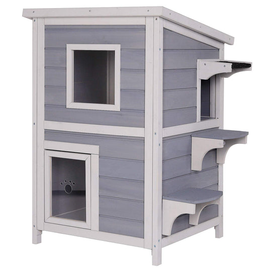 lionto outdoor cat house for playing and resting, wooden house for cats with weatherproof bitumen roof, 56x52x82 cm, window and 3 entrances, sturdy cat hut with assembly instructions, grey/white