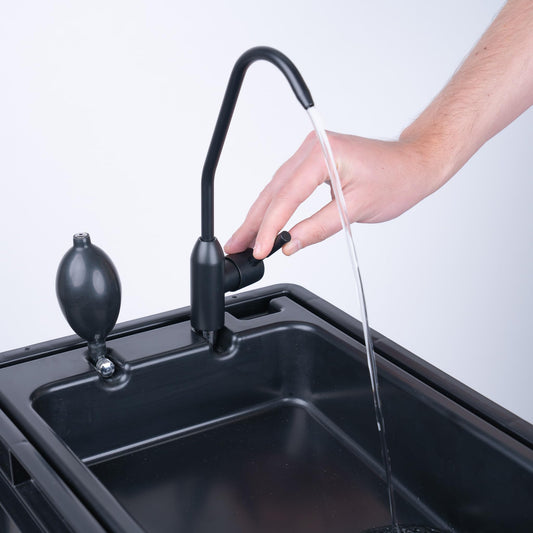 BOXIO - WASH: Portable 40x30 sink, camping washbasin with pump without electricity, camping accessory in Eurobox for van conversion, hairdresser or outdoors at festivals & garden, sink as camping gadgets