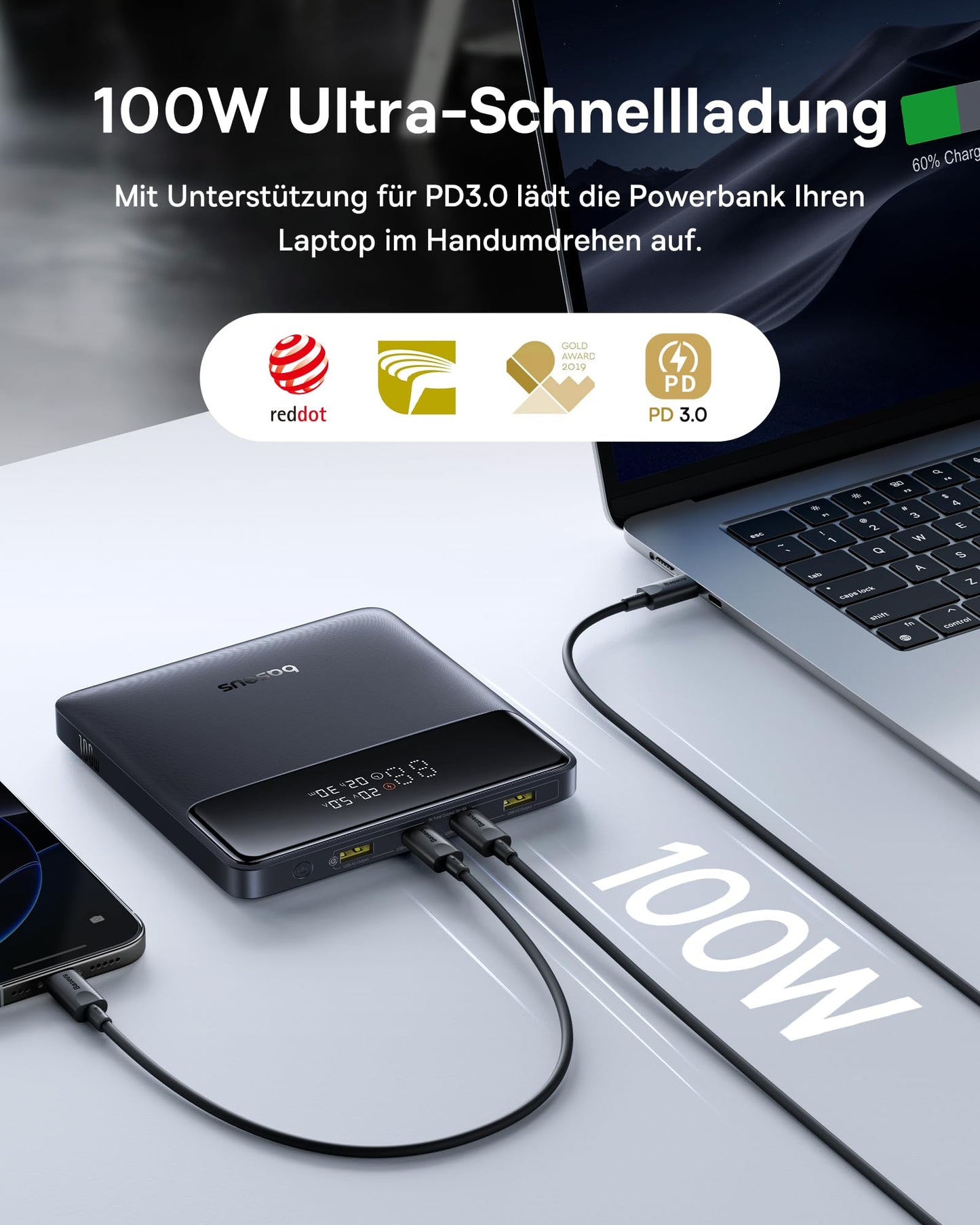 Baseus Powerbank 20000mAh 100W PD Slim External Battery QC 4.0 Fast Charger, Blade H1 for Laptops, MacBook, iPad, iPhone 16 15 pro max, Switch, Steam Deck, Samsung Galaxy, AirPods, 2024 Upgraded