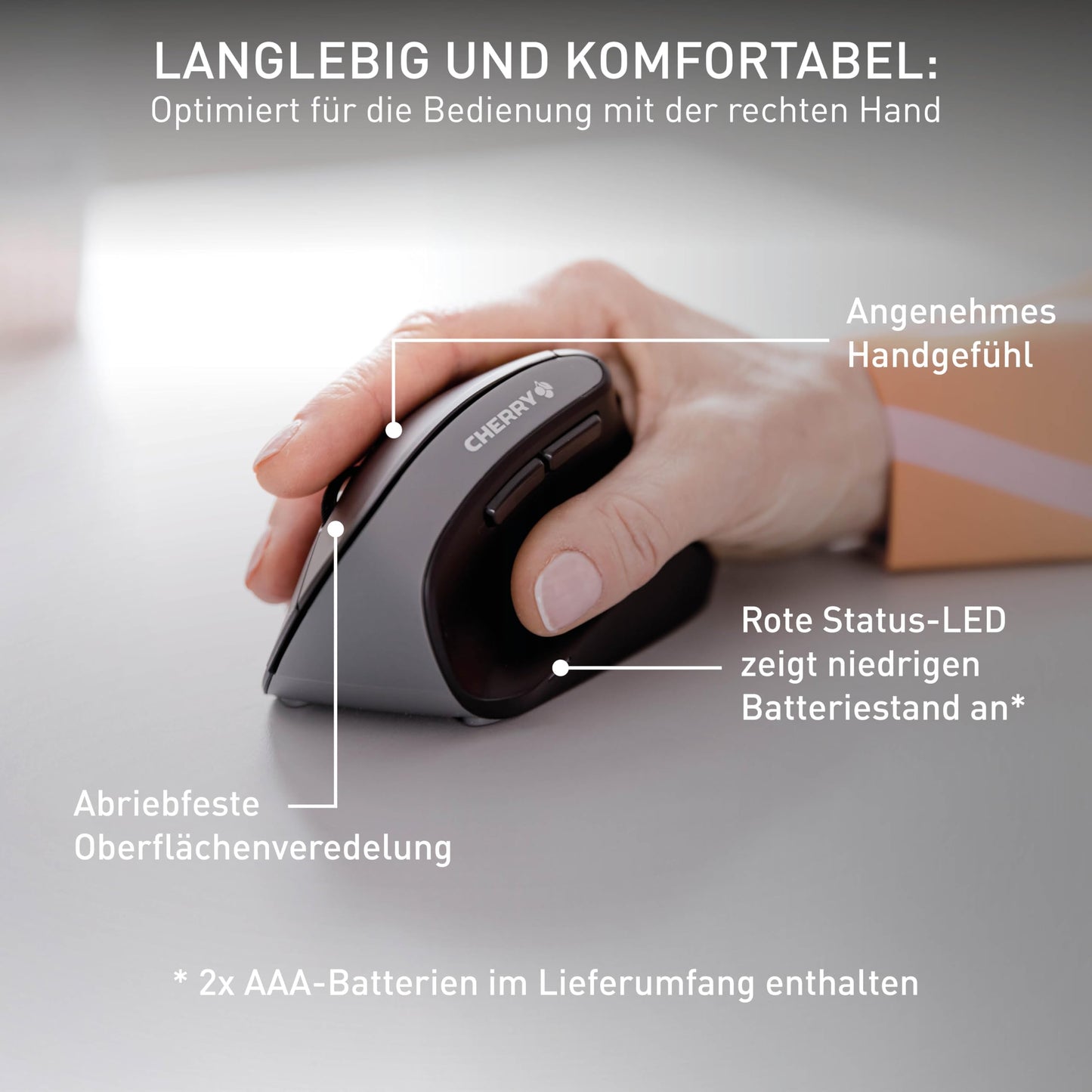 CHERRY MW 4500, ergonomic vertical mouse for right-handers, wireless (2.4 GHz), 3-level adjustable resolution up to 1200 dpi, battery-operated, black.