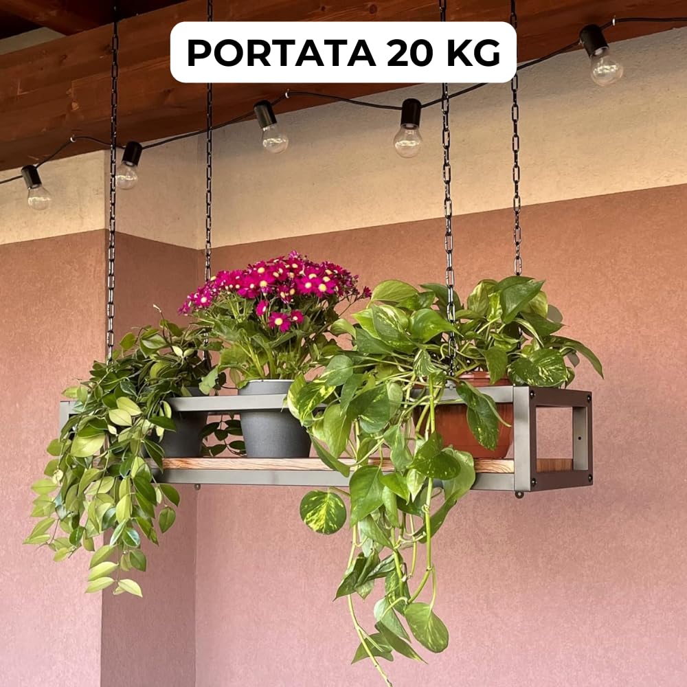 yelloo - Ceiling shelf with chains, ideal as flower shelf, indoor and outdoor plant stand, classic and elegant design for home, garden, balcony (FLOWERS 95 cm, Brown/Walnut)
