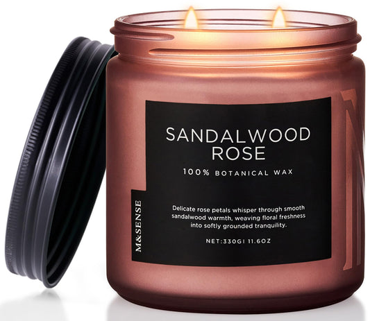 M&SENSE Sandalwood Rose scented candle (330g, 70h) - 2-wick Intense wood scent - Natural soy wax candle - Long-lasting for home - Gift for men & women.