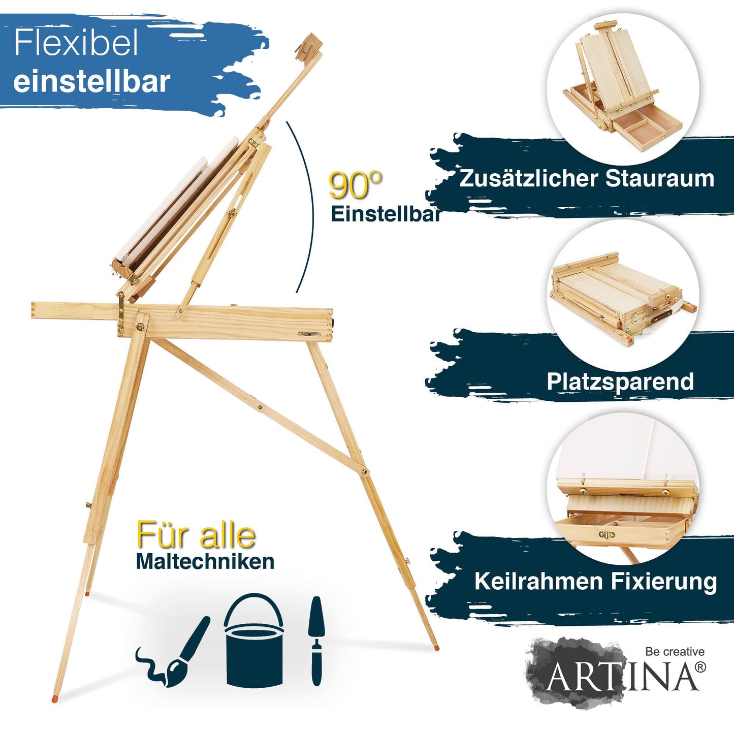 Artina 30-piece easel set Madrid - portable easel with XXL acrylic canvas painting set - field easel with 90° tilt - wooden easel set with 18 acrylic paints, 2 stretcher frames, brushes, and painting spatulas.