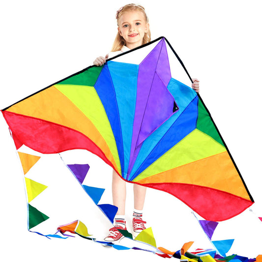 HONBO Kids Kite Large Delta Kites for Children and Adults for Beach Trip Outdoor Games, Perfect for Beginners, String Line Included Toys Easy to Fly Kites with Colored Colors Tail