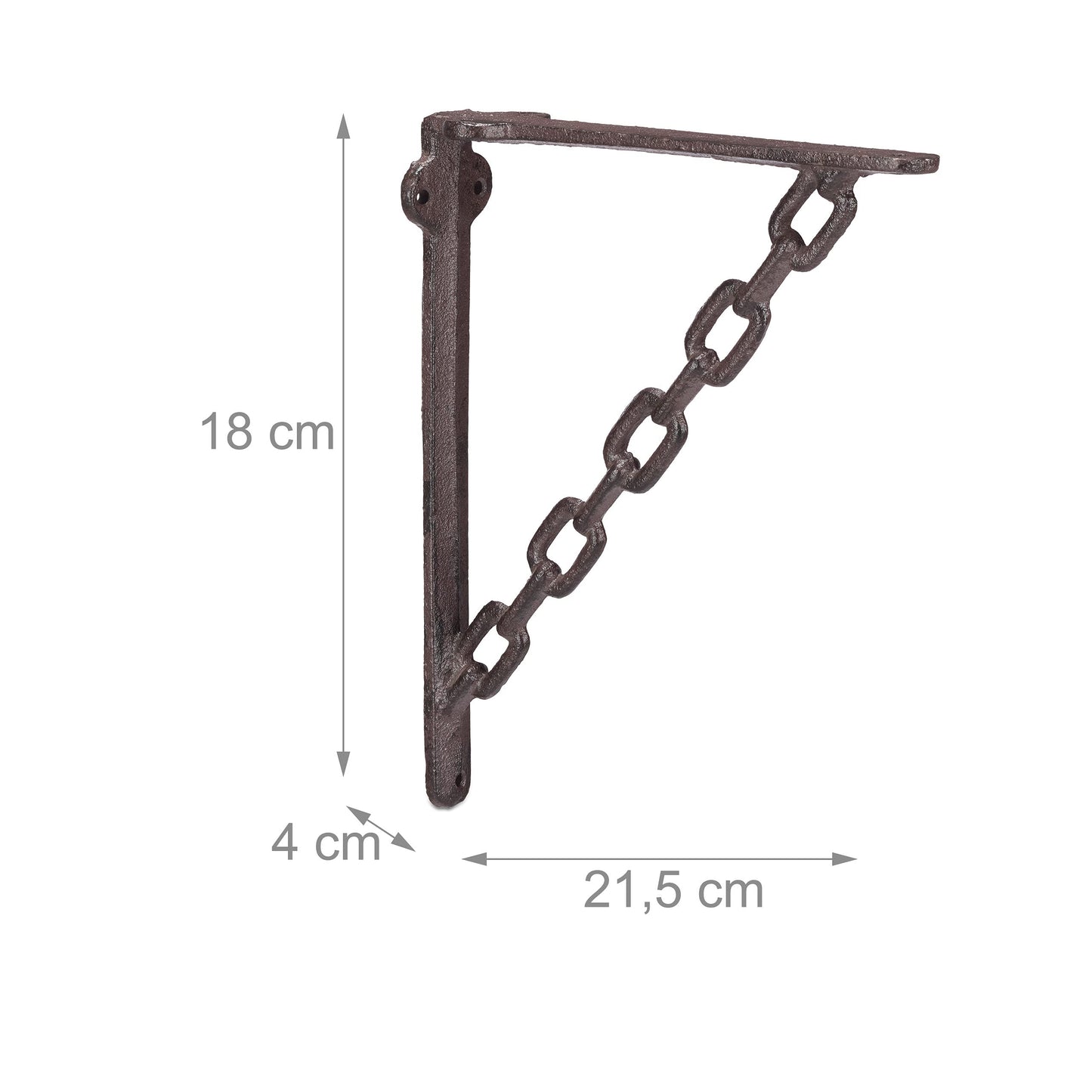 8 x Antique-style cast iron shelf brackets, featuring a unique chain design. These wall mounts are perfect for supporting shelves in a rustic brown finish.