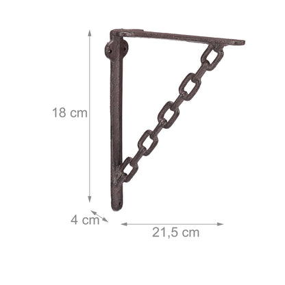 8 x Antique-style cast iron shelf brackets, featuring a unique chain design. These wall mounts are perfect for supporting shelves in a rustic brown finish.