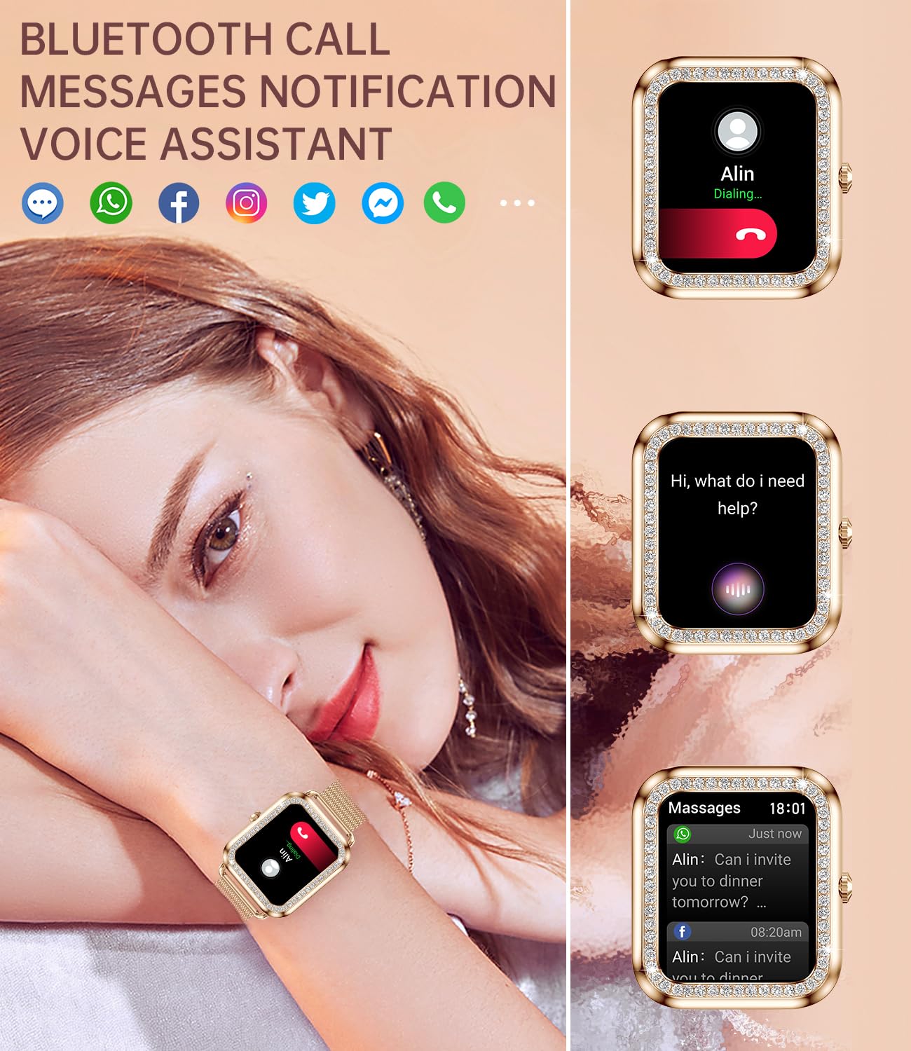 Erkwei smartwatch for women with phone function and voice assistant, 1.59'' HD display fitness tracker heart rate monitor sleep monitor message reminder small watch for iOS Android.