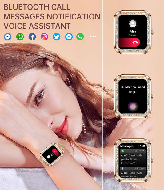 Erkwei smartwatch for women with phone function and voice assistant, 1.59'' HD display fitness tracker heart rate monitor sleep monitor message reminder small watch for iOS Android.