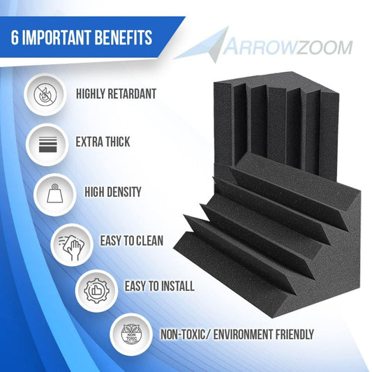 Arrowzoom 12 Acoustic Foam Tiles Long Bass Traps 12x12x24cm Soundproofing Wall Decor Sound Absorbers Broadband Absorbers Recording Studio Soft Foam Black 1133