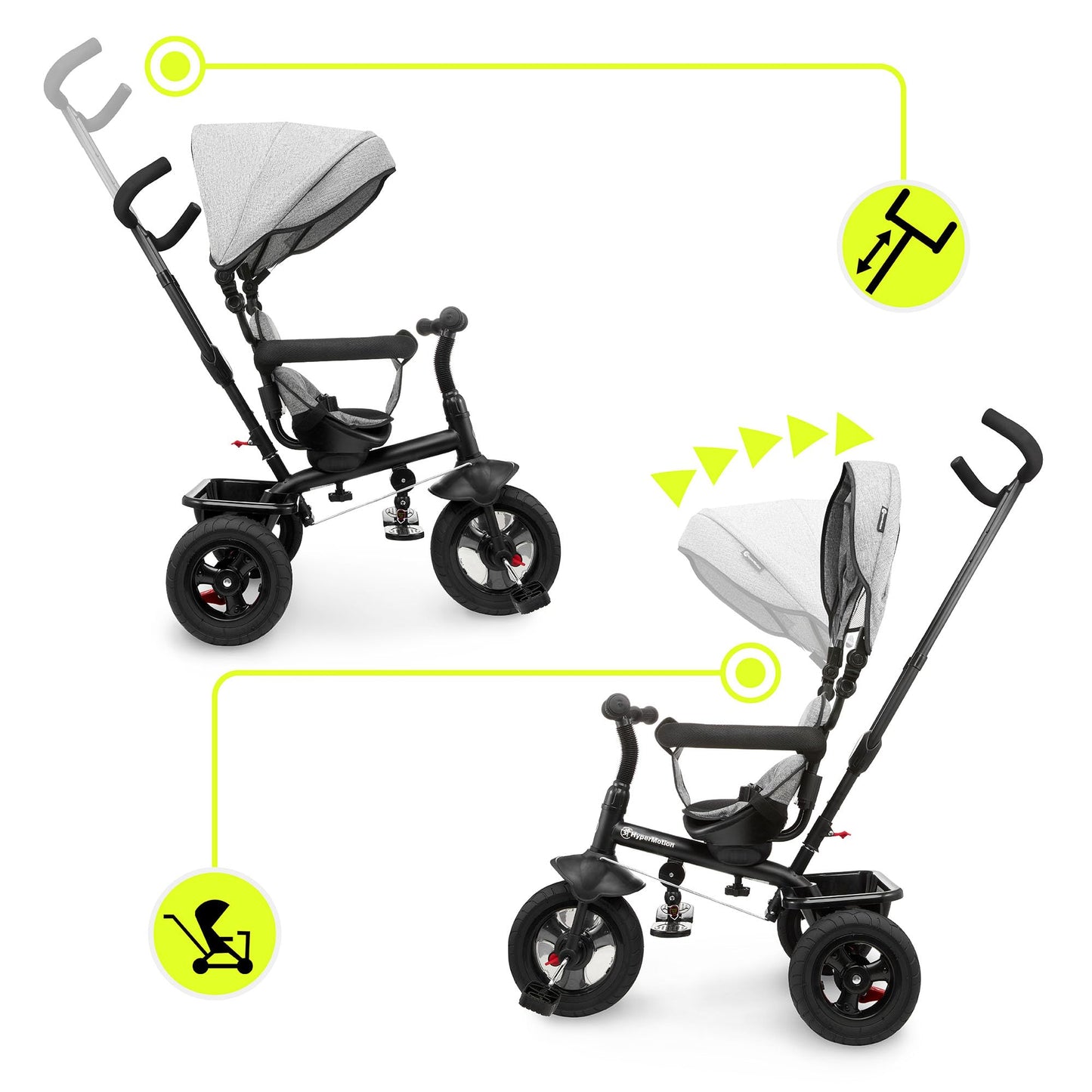 HyperMotion tricycle from 1 year with push bar - 3-in-1 children's vehicle for 1-4 years, up to 20 kg - with height-adjustable parent handle and push handlebar, Grey