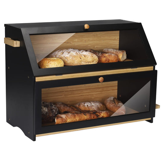 Leader Accessories Bamboo Bread Box 2-Layer Bread Bin with Bread Cutting Board food safe Bread Storage easy to clean 50x25x37cm Black