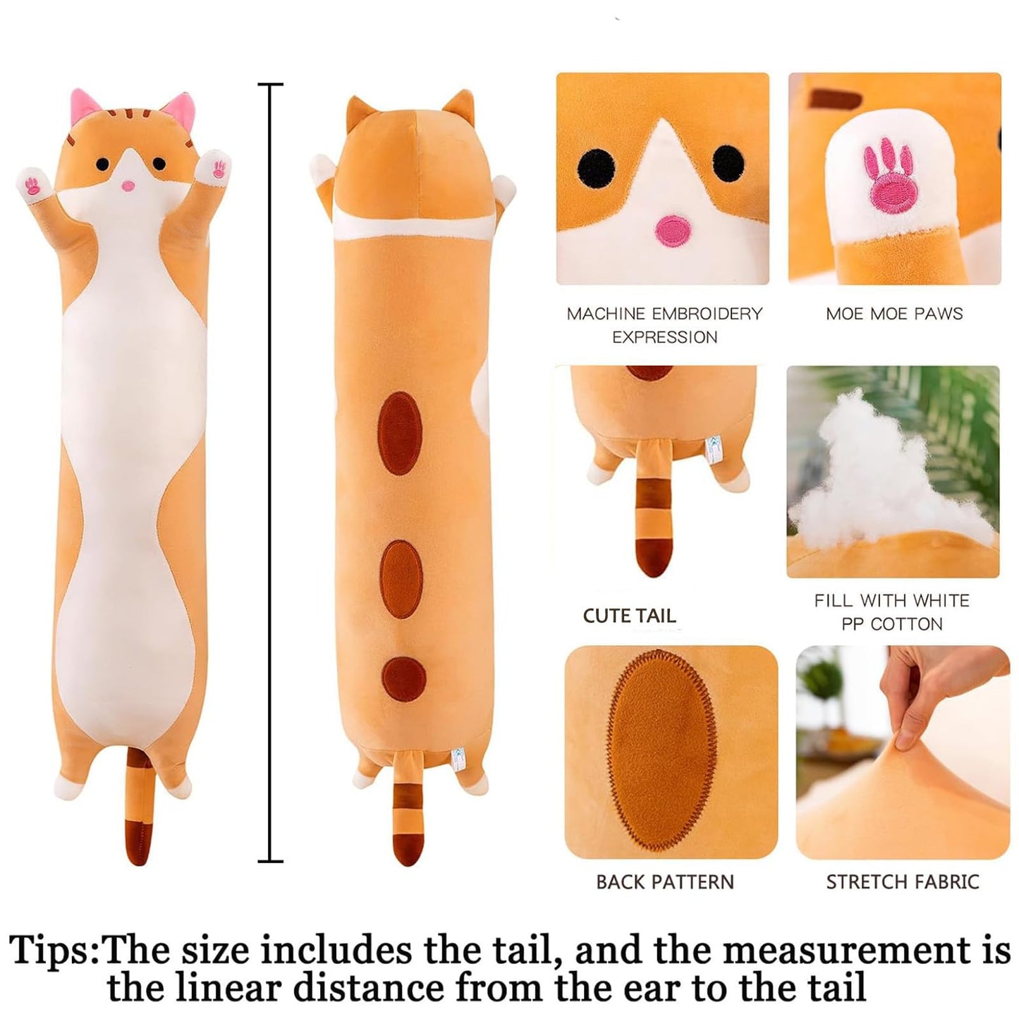 Aiuidun Long Cat Plush Toy Stuffed Animals Cat Plush Pillow Cute Kitten Plush Toy Sleep Pillow, Soft Long Cat Cuddle Pillow Gift for Kids Girlfriend (110cm/43.3inch, Yellow)