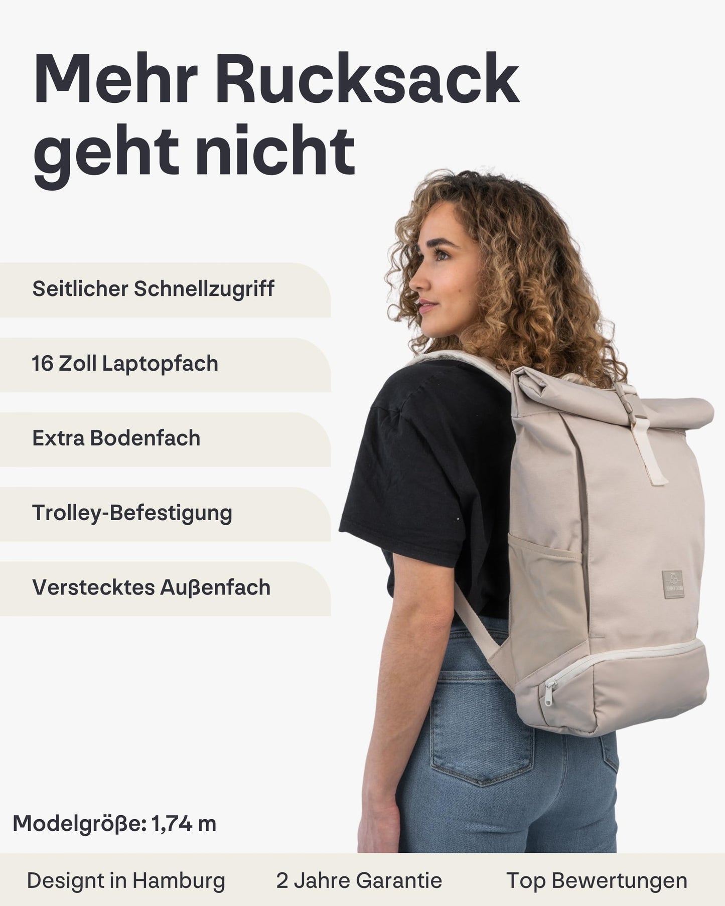 Johnny Urban Backpack Women & Men Beige - Allen Medium - Rolltop with Laptop Compartment for College Bicycle Business - 15L - Sustainable - Water-repellent