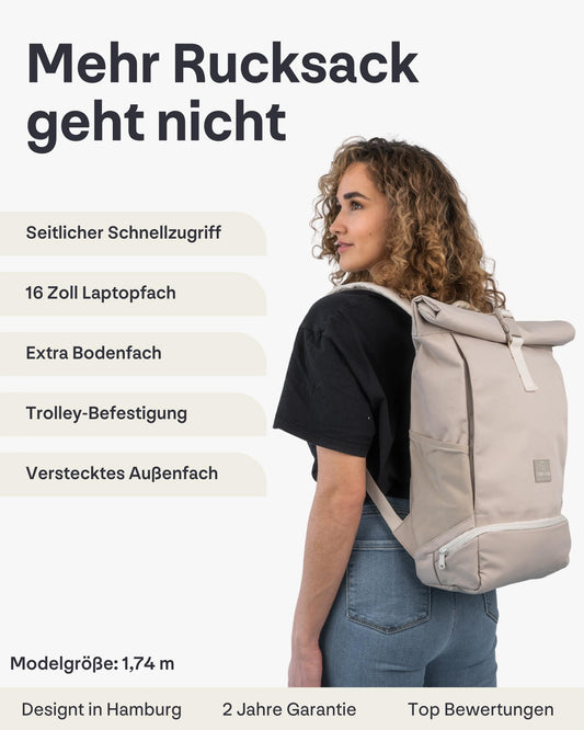 Johnny Urban Backpack Women & Men Beige - Allen Medium - Rolltop with Laptop Compartment for College Bicycle Business - 15L - Sustainable - Water-repellent