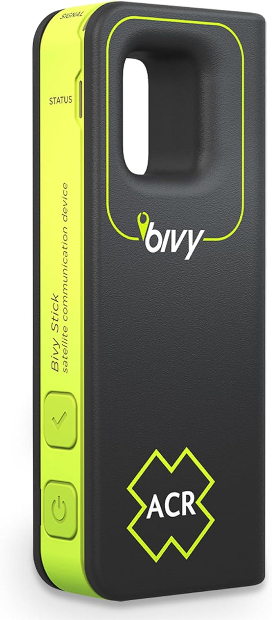 ACR Bivy Stick Satellite Communicator - Two-way text messaging, GPS tracking, maps and navigation, emergency SOS, weather reports, and location sharing, app compatible.