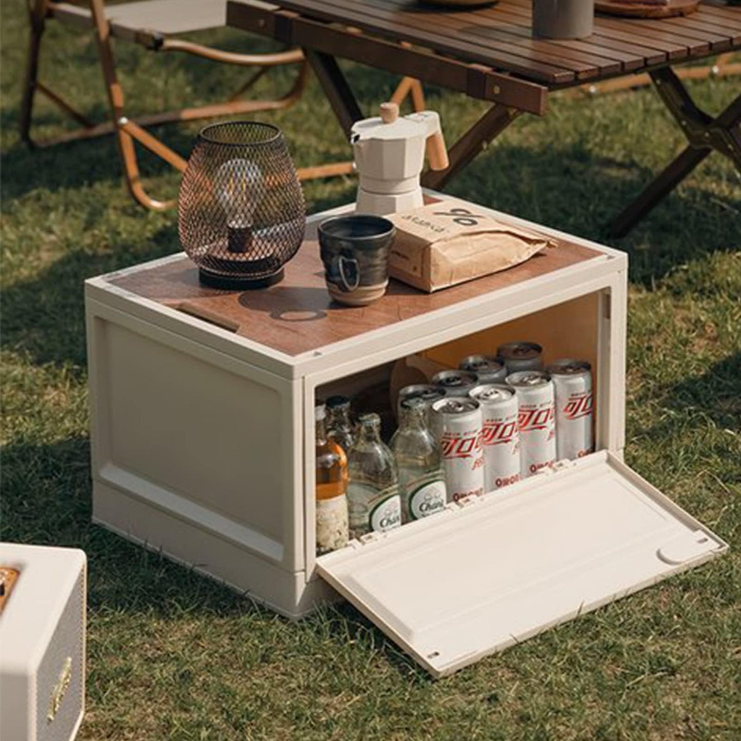 RMAN storage box with lid 38L camping cupboard foldable plastic storage container with lid storage crates cushion box as tabletop for outdoor camping car trunk - White