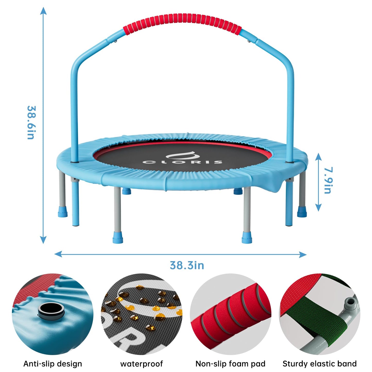 CLORIS 40'' folding fitness trampoline - max load 220lbs, rebounder with adjustable foam handle indoor/outdoor, fitness, body exercise (blue)