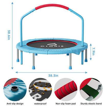 CLORIS 40'' folding fitness trampoline - max load 220lbs, rebounder with adjustable foam handle indoor/outdoor, fitness, body exercise (blue)