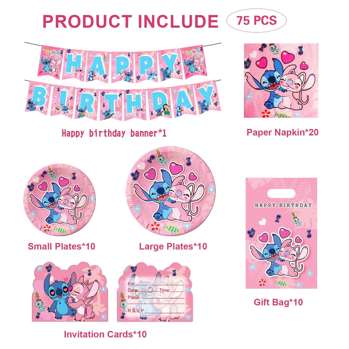75 piece birthday decorations, children birthday decor, girl birthday decorations, party supplies set with plates, banner, napkins, balloons, cake topper, invitation card, foil balloon.