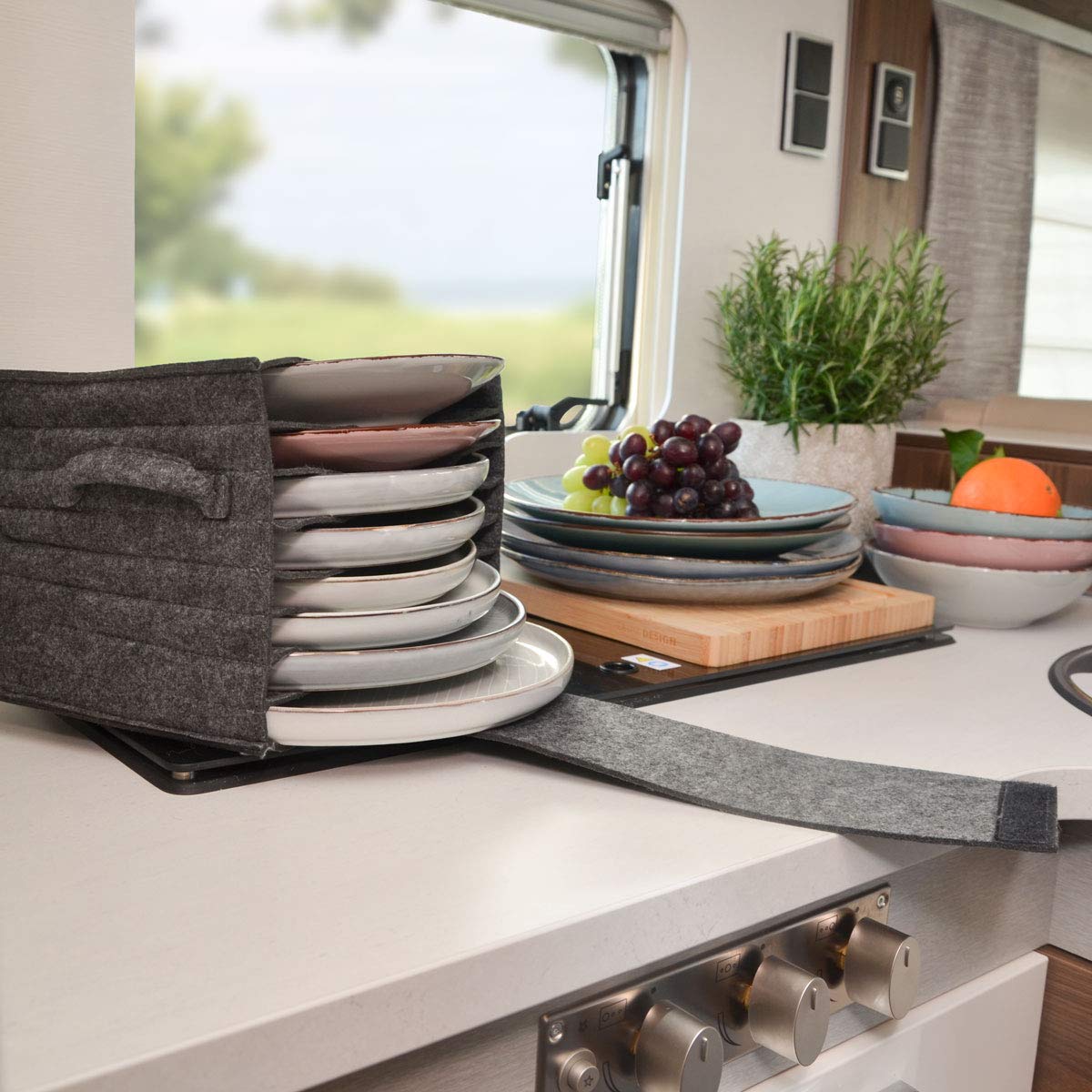 DuneDesign 2-piece set: RV felt plate holder & cup holder for camping - glass holder RV plate organizer cabinet dish storage RV organization system caravan campervan gadgets camper