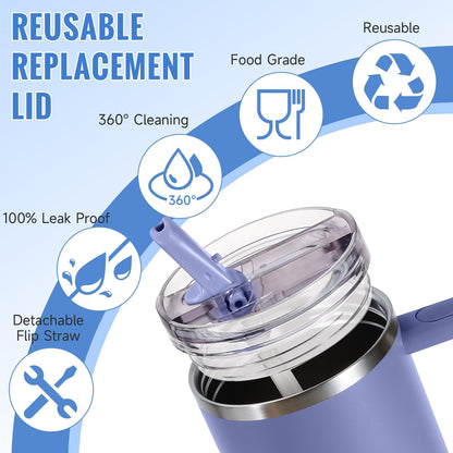 ROMANVIC Stanley Cup Lid Leak Proof, 2 Pack Removable Replacement Lids for 40oz Tumbler with 2 Straws, 1 Straw Brush and 1 Disassembly Tool, Reusable Lid Stanley Cup Seal