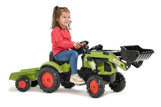 Falk 2040ML Claas Pedal Backhoe Loader with Trailer, Pedal Backhoe, Children's Pedal Tractor with Steering Wheel and Horn, for kids aged 2 to 5, Ride-On Toy - Green