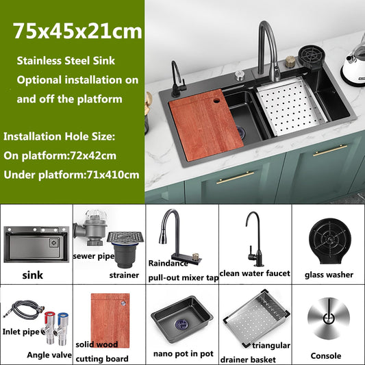Kitchen sink Stainless steel Sink Black Waterfall Kitchen Sink With Cup Washer, Built-in sink Kitchen sink Glass washer For sink, Integrated sink With faucet Waterfall)