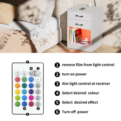 PIPIPOXER nightstand with socket & USB, bedside table LED with 2 drawers nightstand for living room, bedroom bed 40x35x60cm White