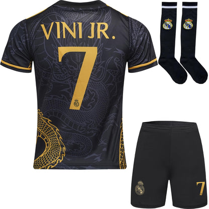 BlackAzat 2023/2024 Madrid #7 Vini Jr. Vinicius Kids Soccer Jersey Special Golddragons Edition, Shorts Socks Youth Sizes (Black, 24)
