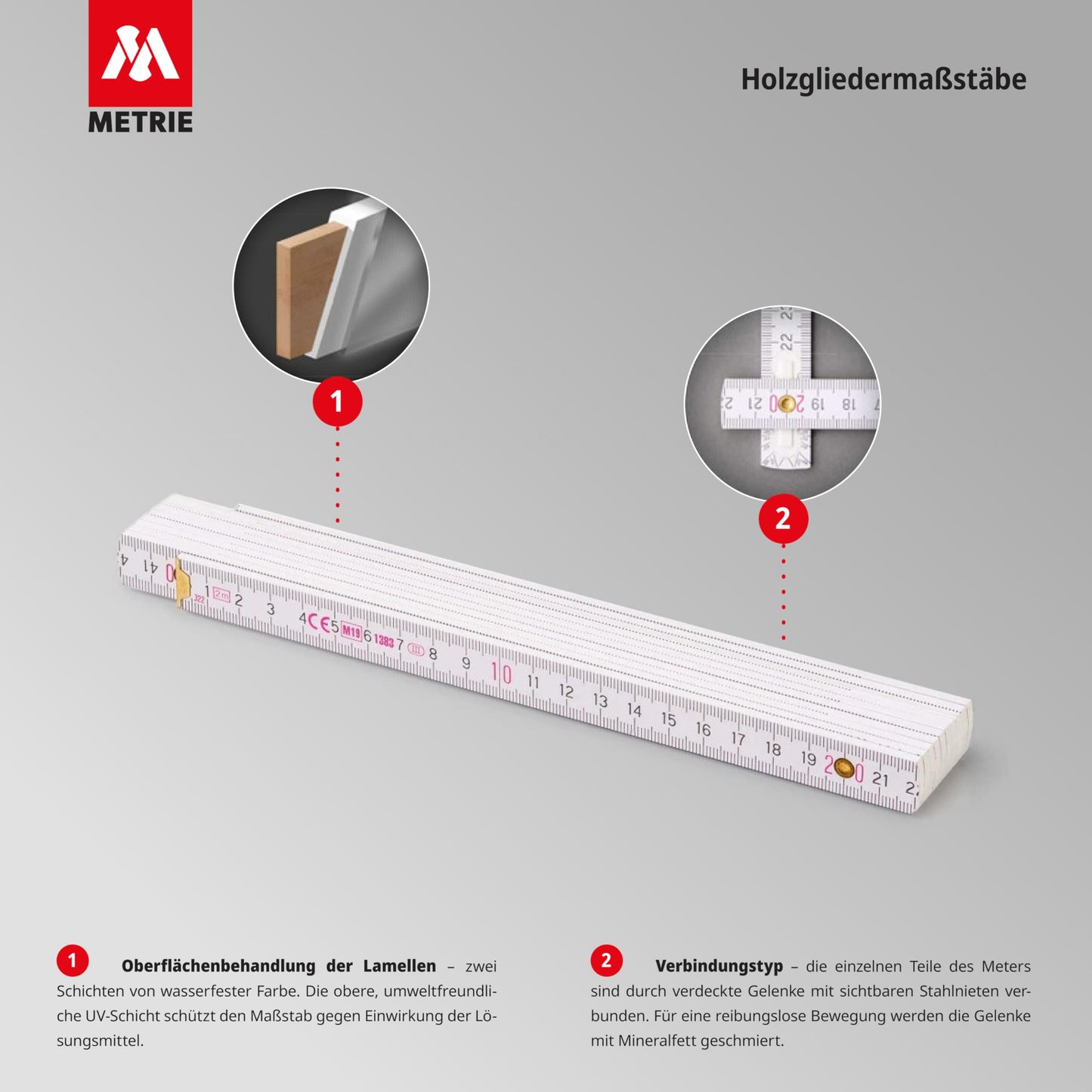 Metrie™ PERFECT 10 Folding Rule/Rules - Folding Ruler | Scale - 2m - natural - Duplex Graduation, Made in the EU - pack of 10