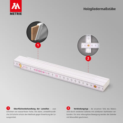 Metrie™ PERFECT 10 Folding Rule/Rules - Folding Ruler | Scale - 2m - natural - Duplex Graduation, Made in the EU - pack of 10