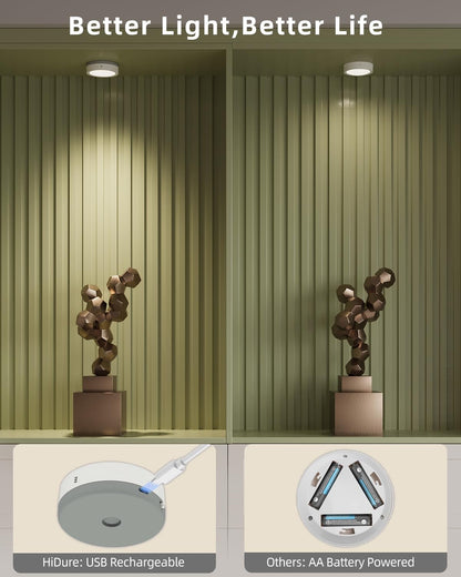 Wireless LED cabinet lighting with remote control and timer, RGB LED spot rechargeable via USB, cabinet lighting without cables, round under cabinet light with magnetic strip, battery-powered touch shelf lighting.