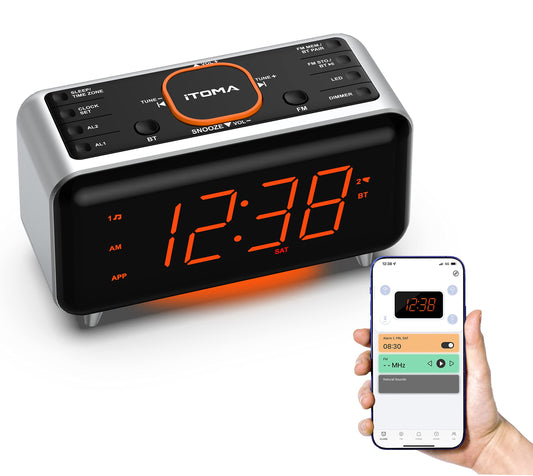 iTOMA clock radio with app control, Bluetooth, FM radio, dual alarm from 4 alarm modes, easy snooze, dimmer, orange night light, 12/24 hr through USB charging port CKS208