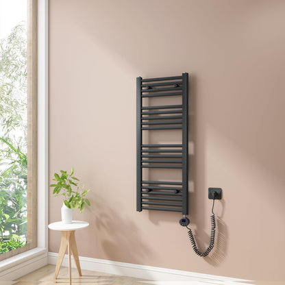 Heilmetz electric towel radiator 100x40cm with digital thermostat and timer function. Straight towel radiator in anthracite 300W.